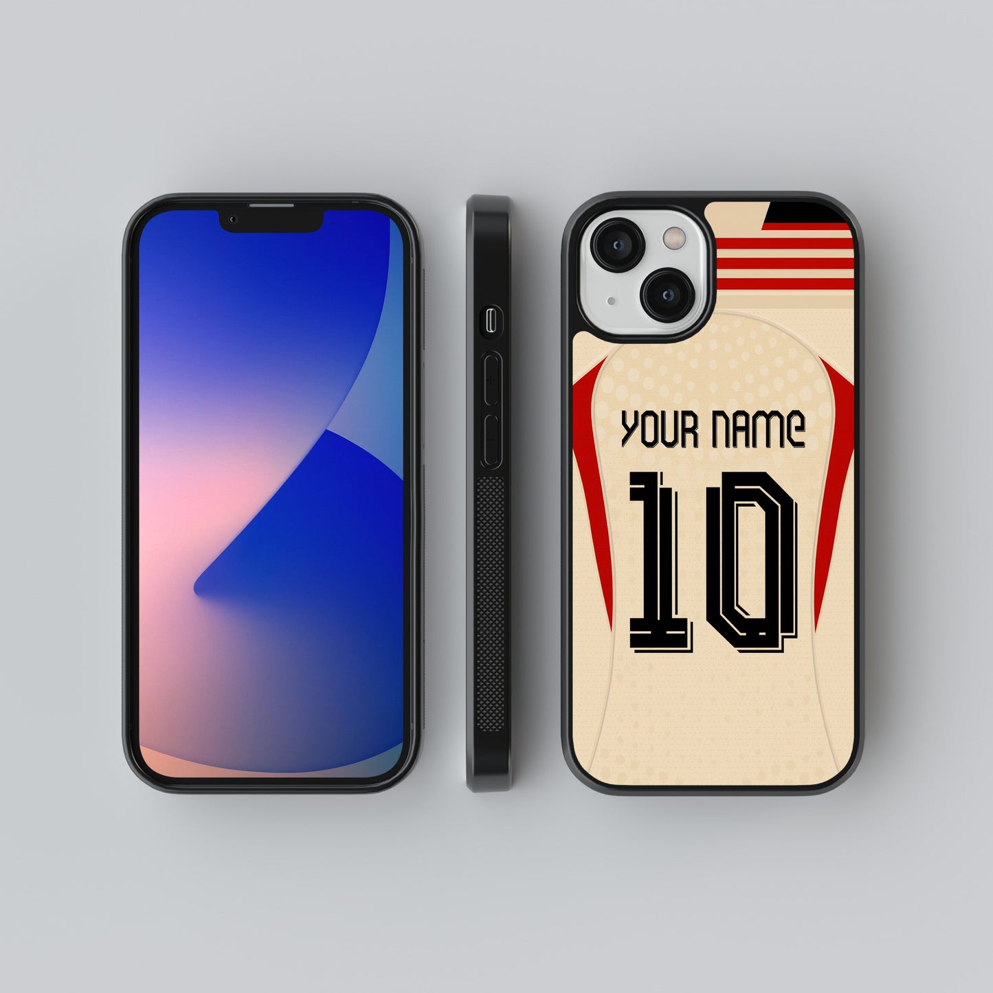 Phone case with customizable name and number design on a gray background