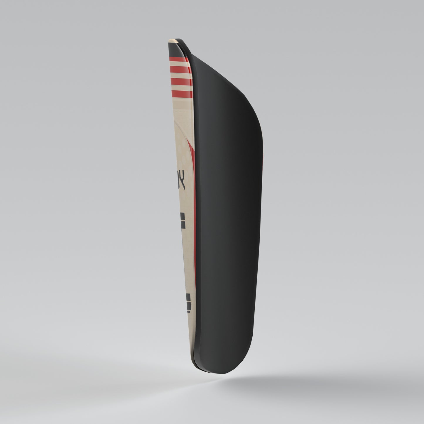 Black protective gear with red and white accents on a gray background