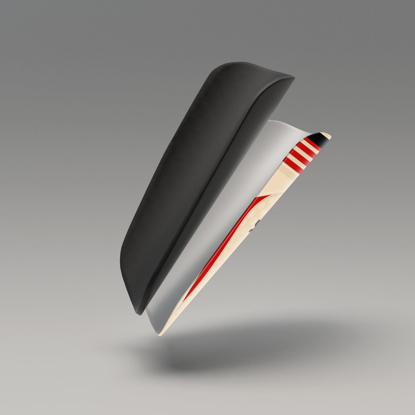 Car spoiler with black, beige, and red design on a gray background