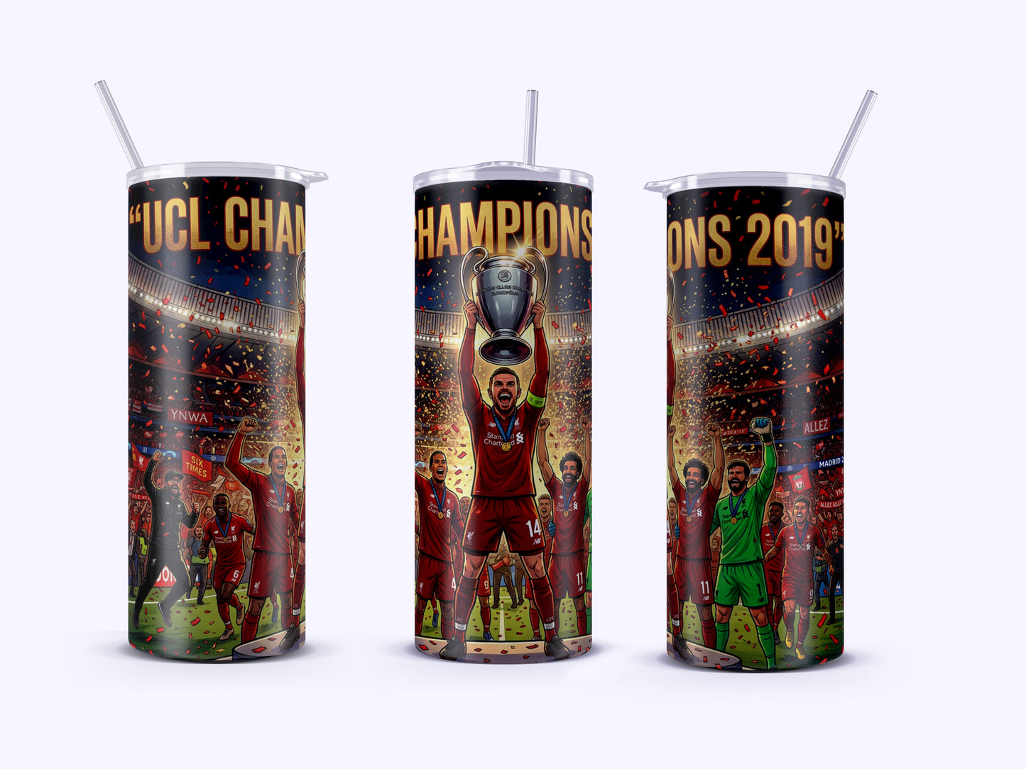 Three cylindrical tumblers with sports-themed designs and text on a white background