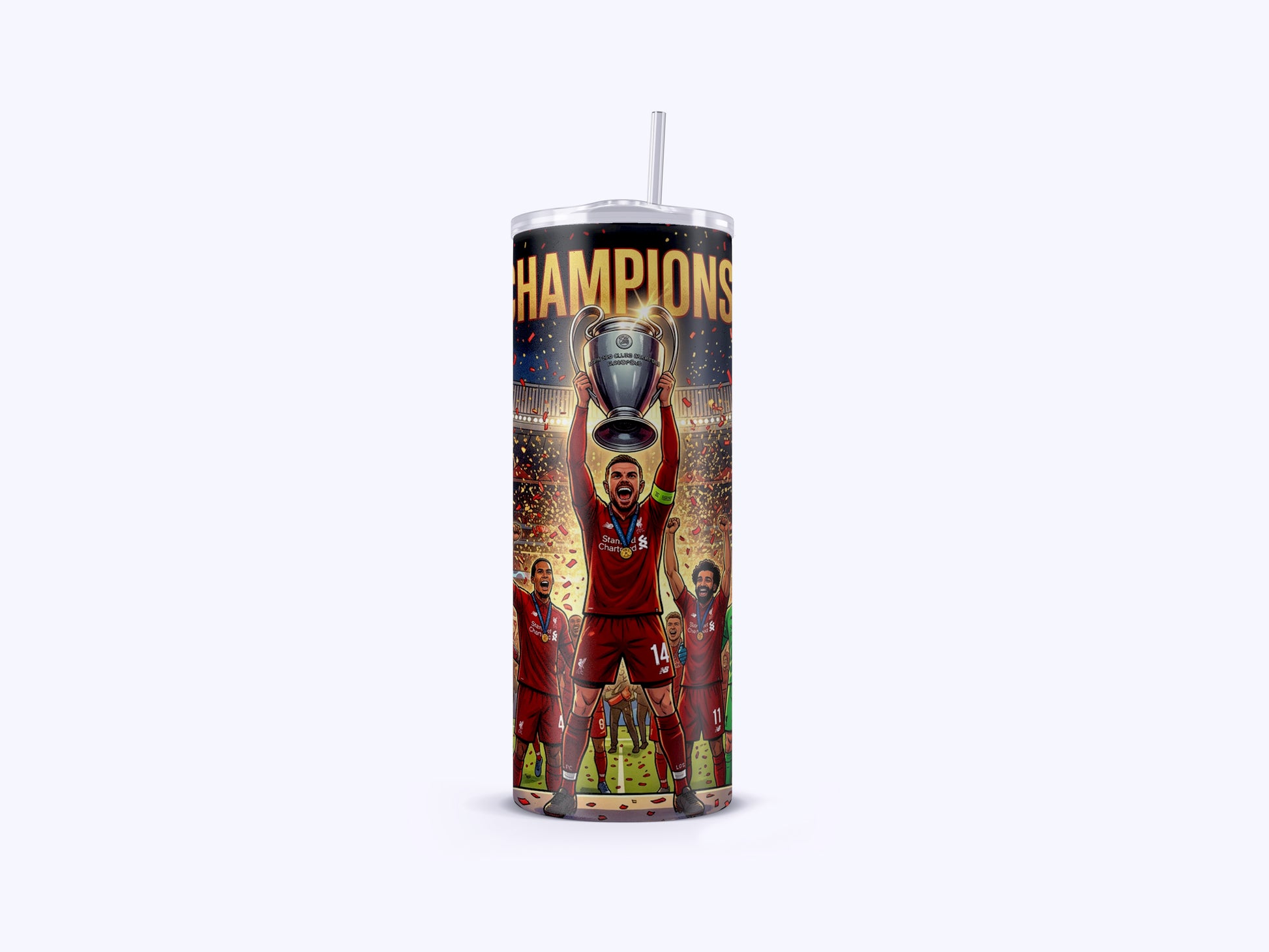Tumbler with sports-themed design featuring a player holding a trophy and the word 'Champions'.