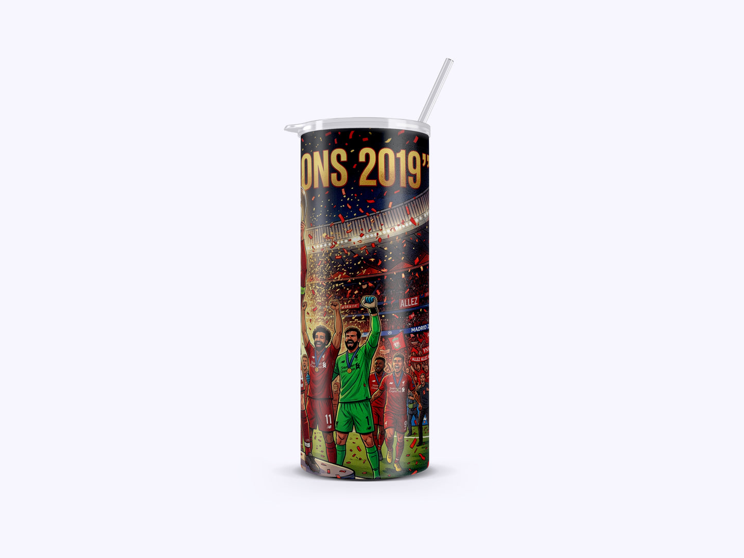 Tumbler with sports-themed design and 'Champions 2019' text on a white background