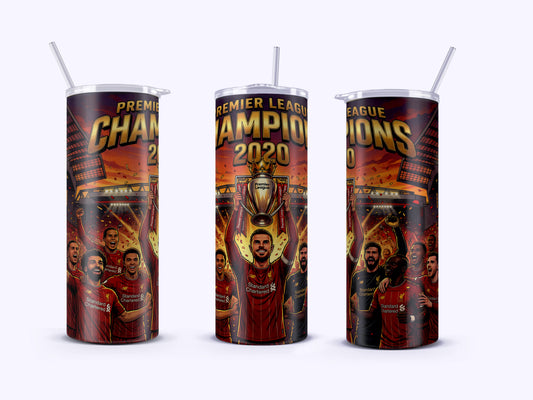 Tumbler with sports-themed design and text on a white background