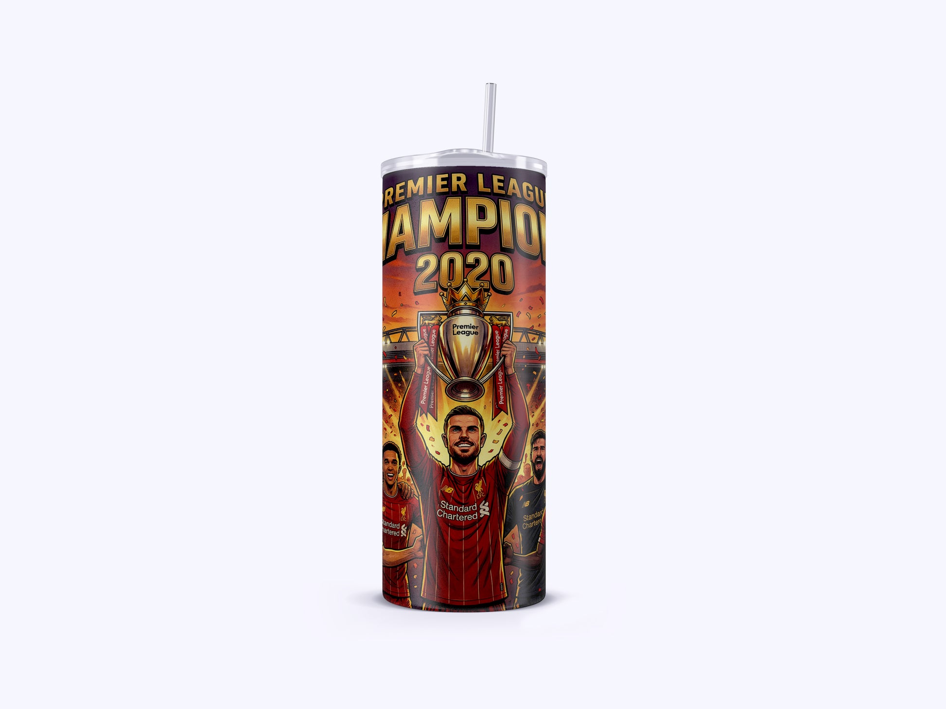 Tumbler with Premier League 2020 Champions design featuring a trophy and players.