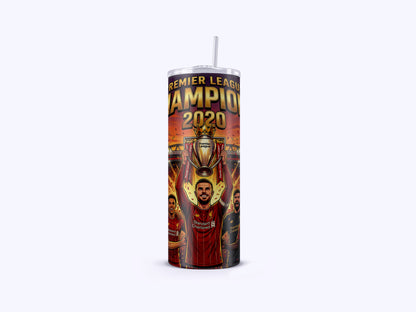 Tumbler with Premier League 2020 Champions design featuring a trophy and players.