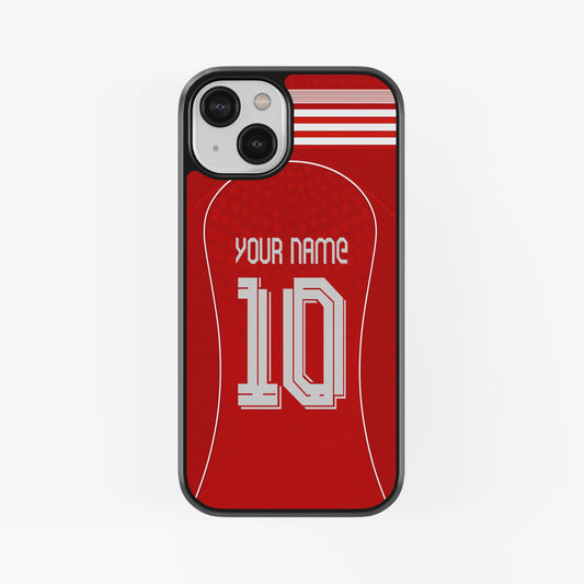 Phone case with red sports jersey design, customizable text, on a white background
