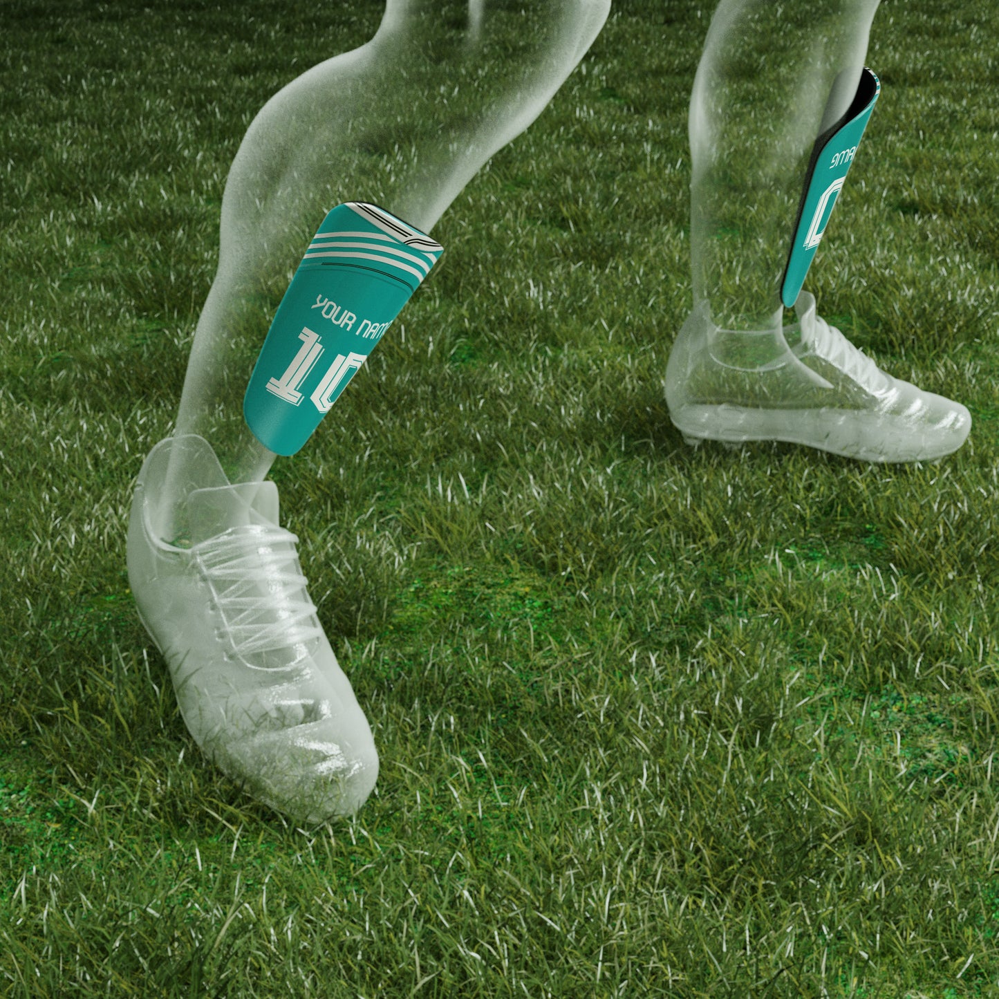 Clear plastic shin guards with green labels on a grass field