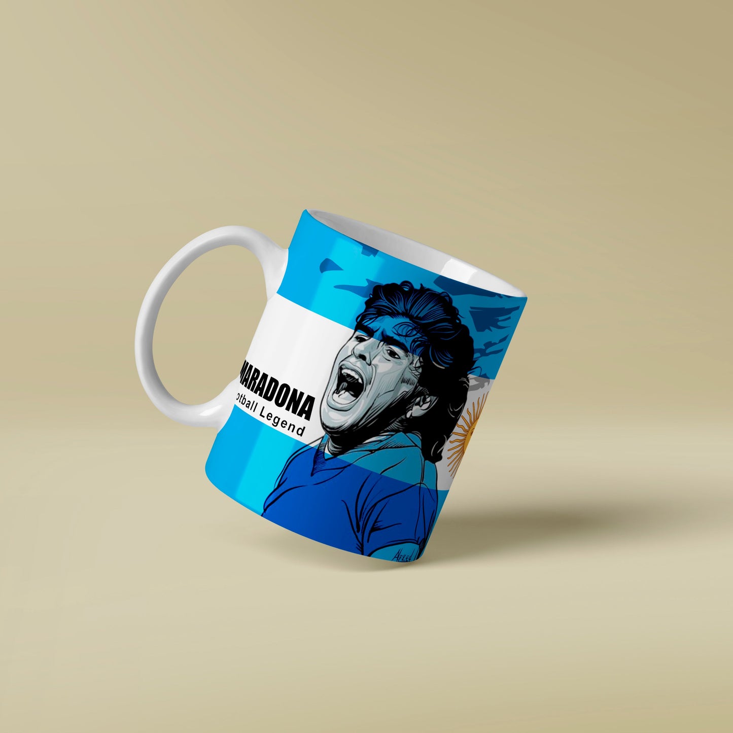 Mug with a graphic of a famous sports figure on a beige background