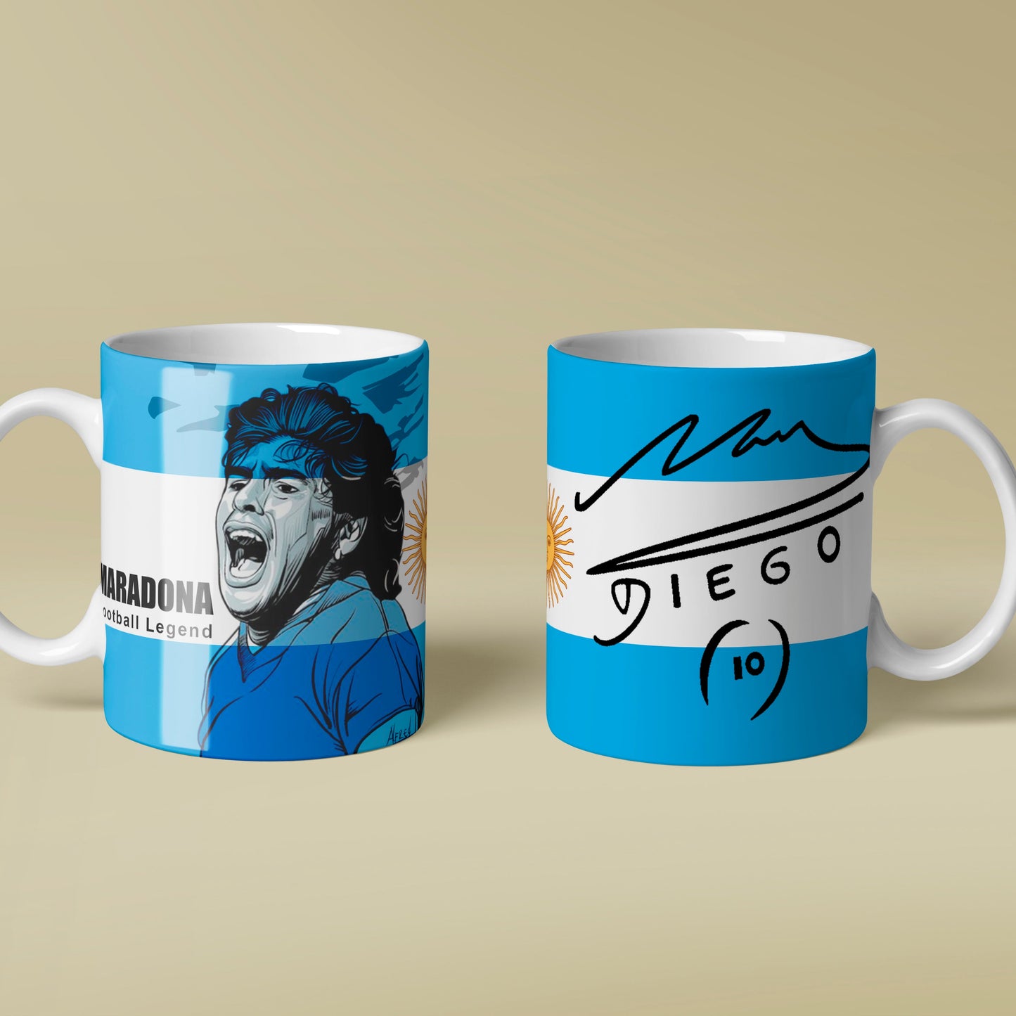 Two mugs with soccer-themed designs on a beige background