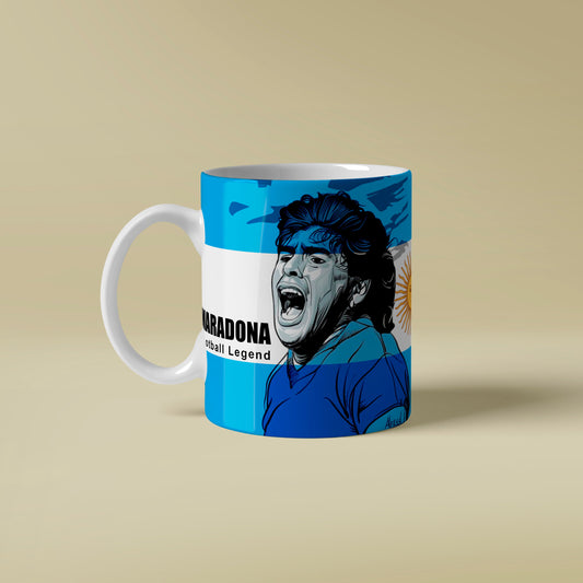 Mug with a graphic of a famous soccer player on a beige background