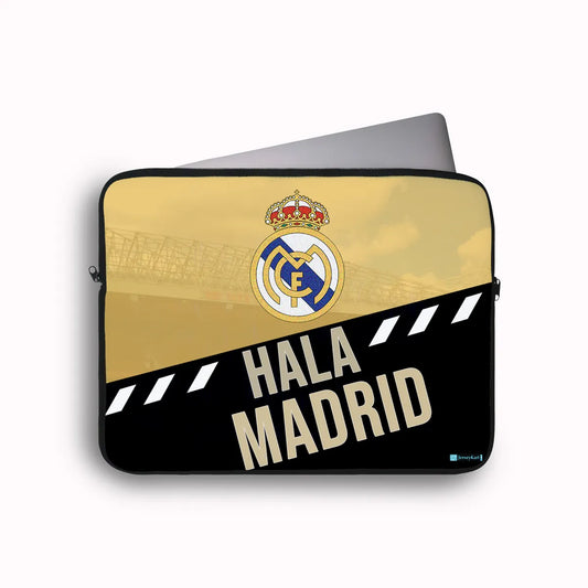 Laptop sleeve with Real Madrid logo and 'Hala Madrid' text on a white background