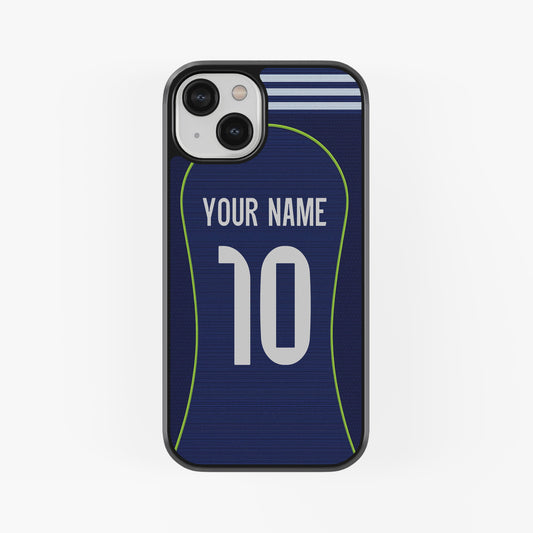 Phone case with customizable name and number on a white background