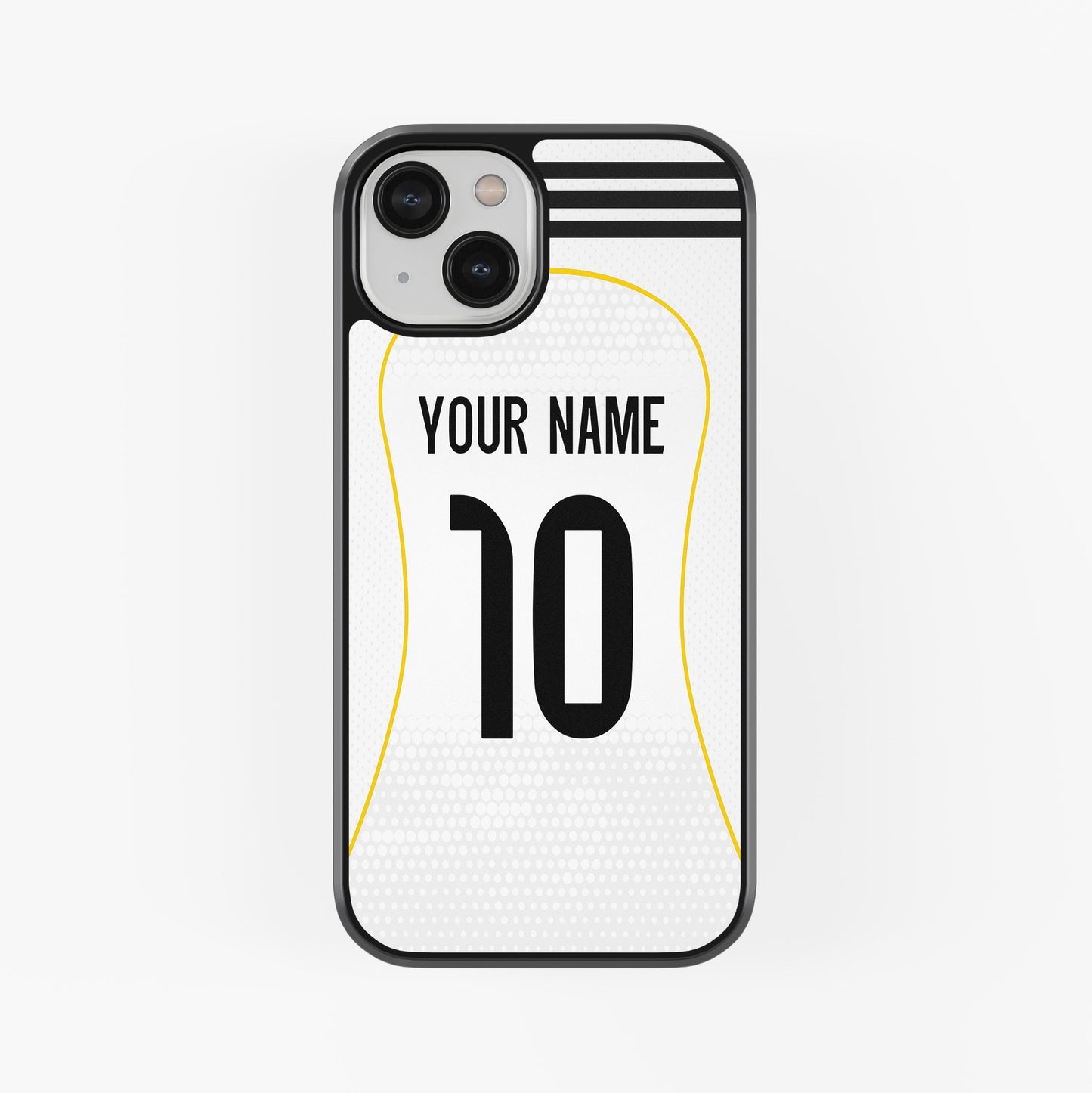 Phone case with customizable name and number on a white background