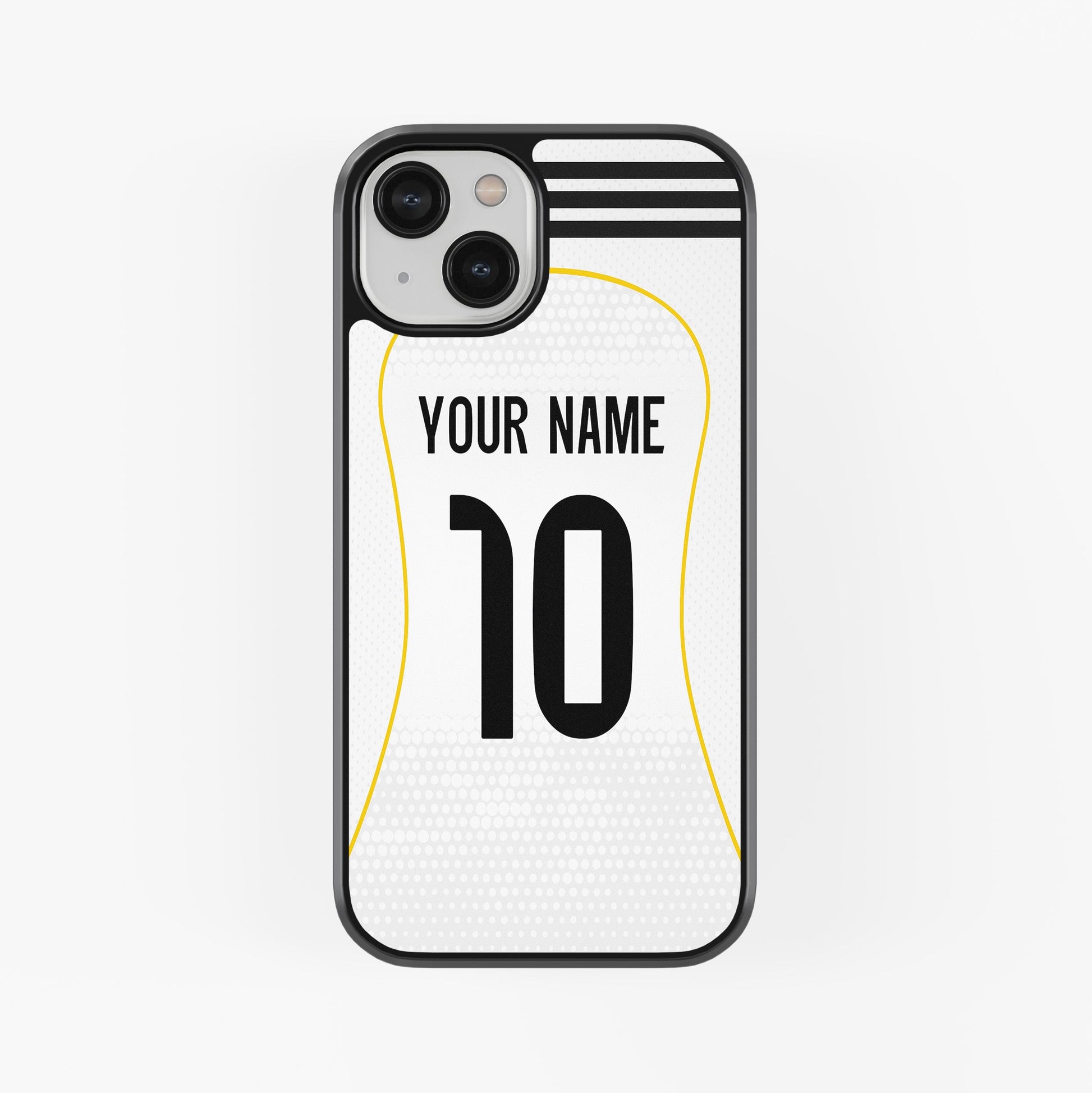 Phone case with customizable name and number on a white background