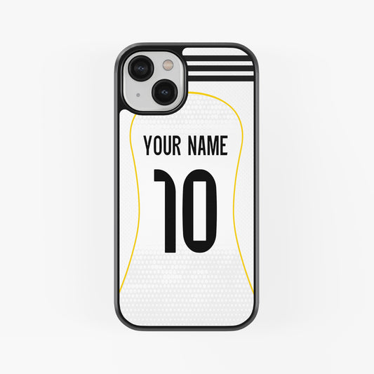 Phone case with customizable name and number on a white background