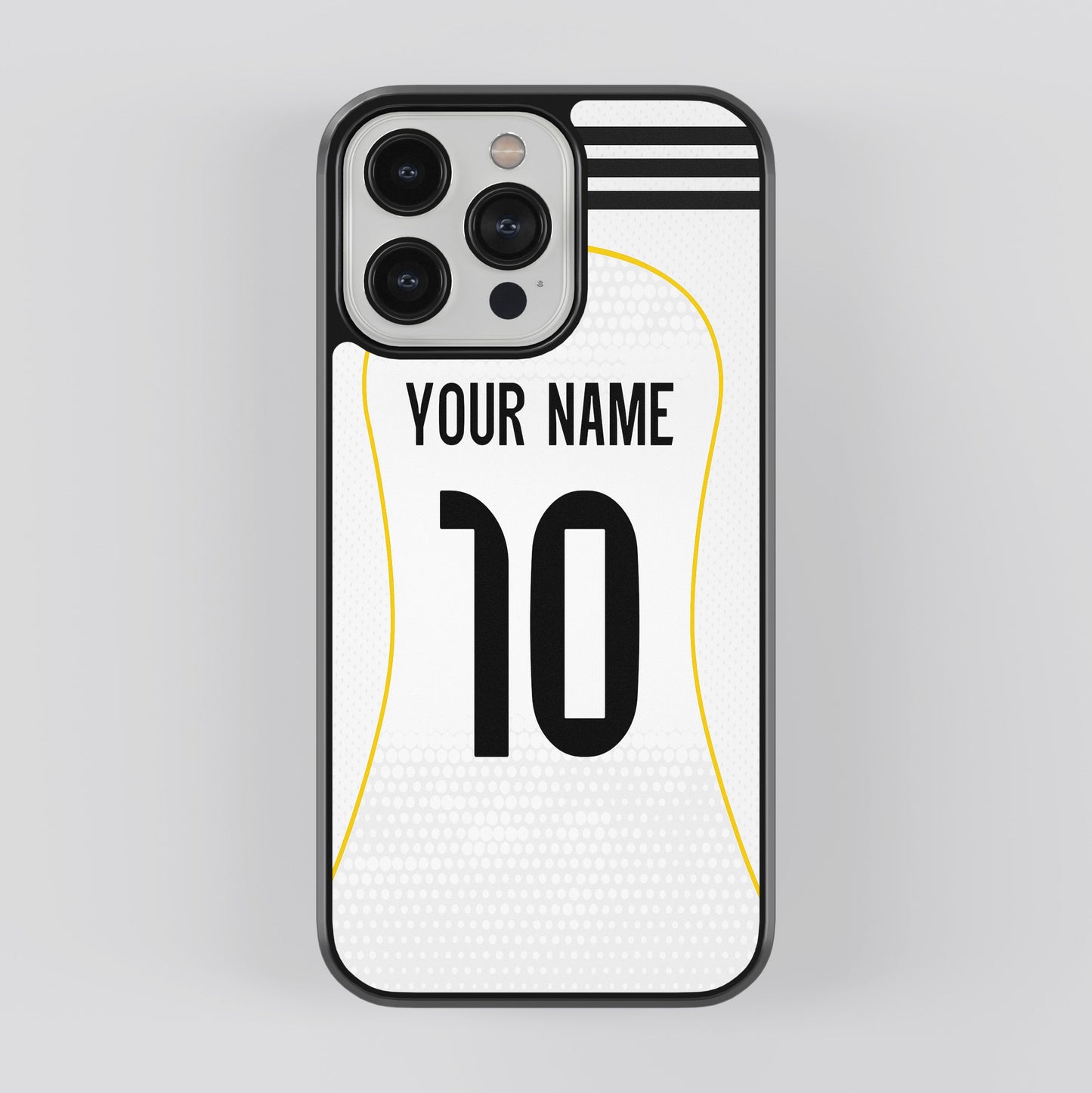 Phone case with customizable name and number on a white background