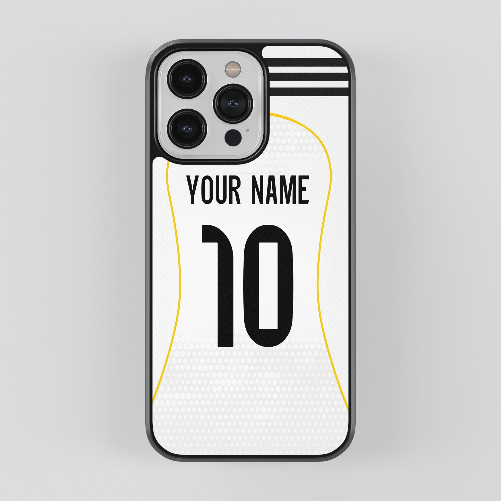Phone case with customizable name and number on a white background