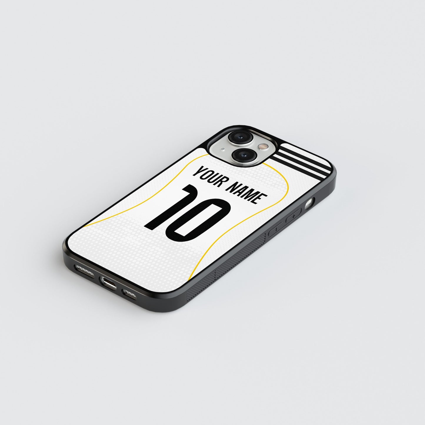 Phone case with customizable text on a light gray background