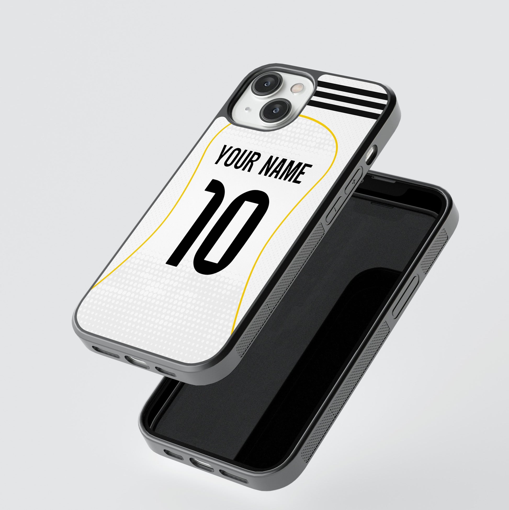 Phone case with customizable name and number on a light gray background