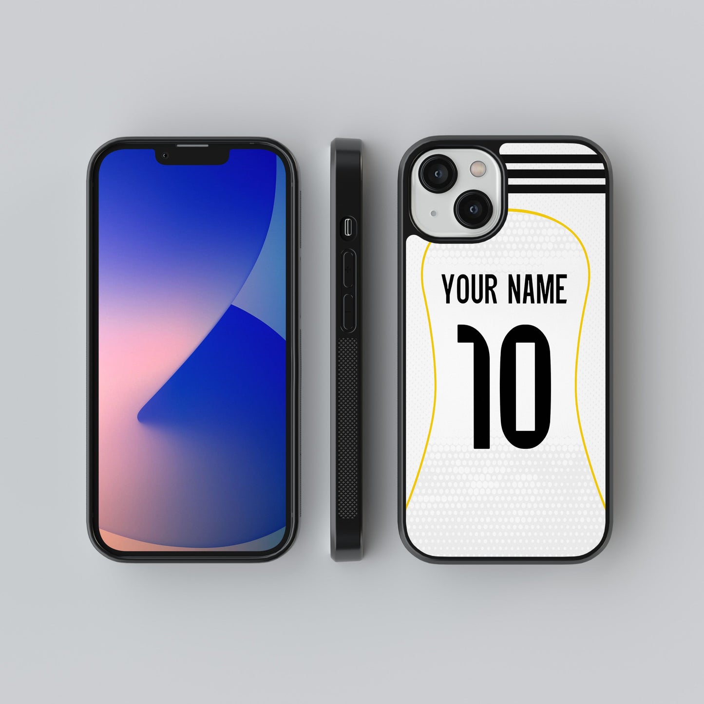Phone case with customizable name and number design on a gray background