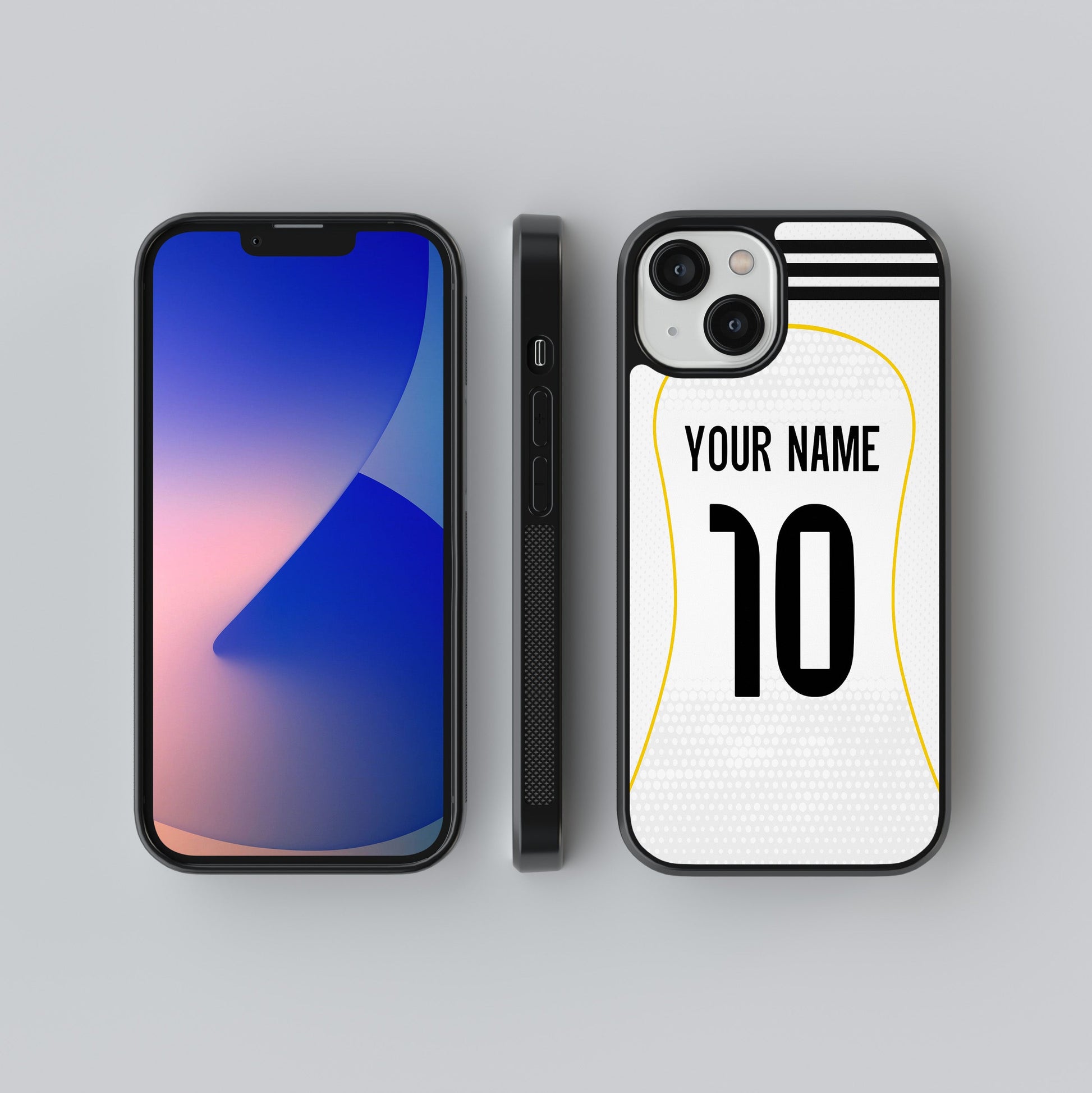 Phone case with customizable name and number design on a gray background