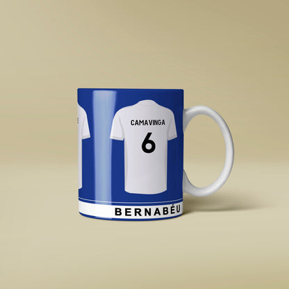 Mug with a design of a soccer jersey on a beige background