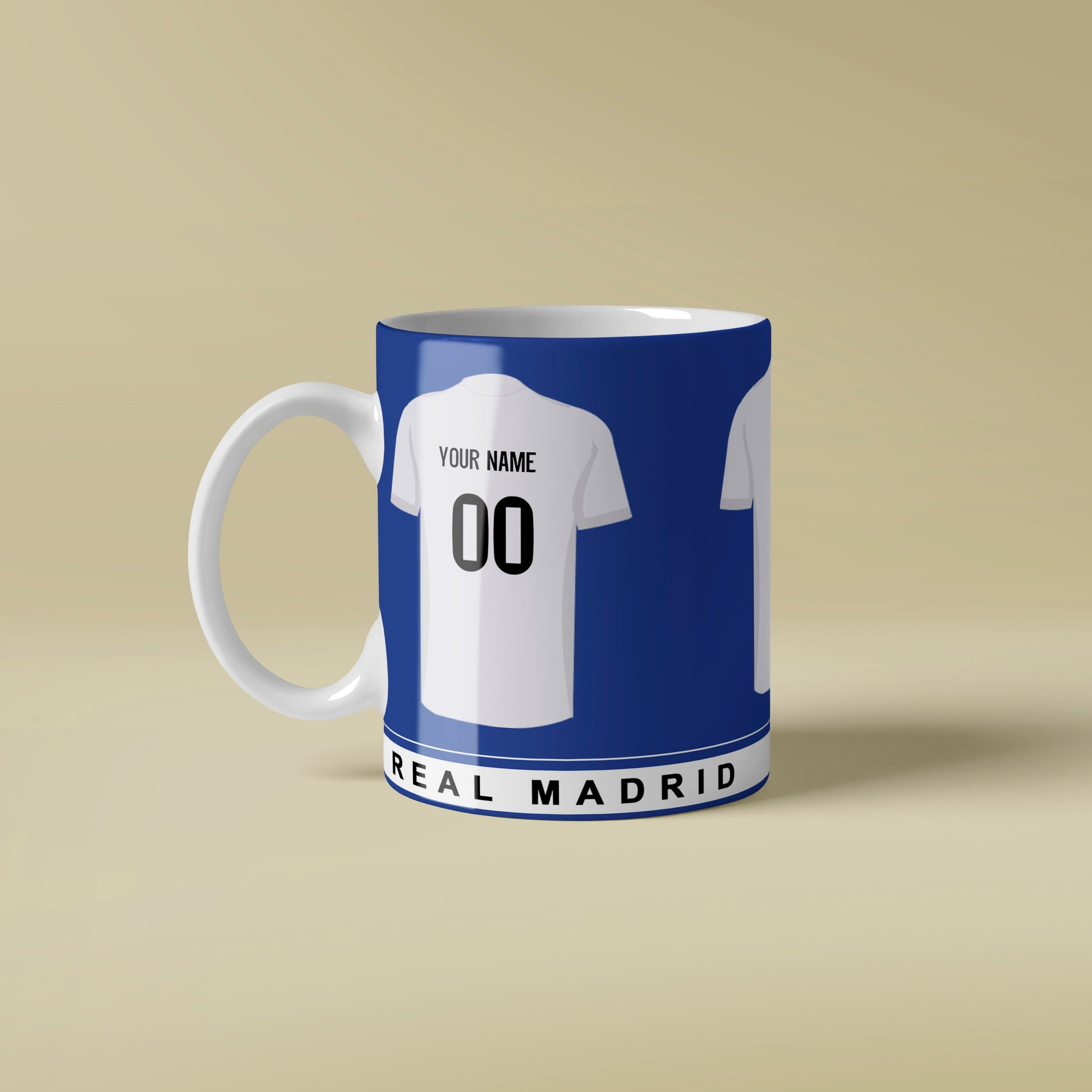 Mug designed like a Madrid soccer jersey on a beige background