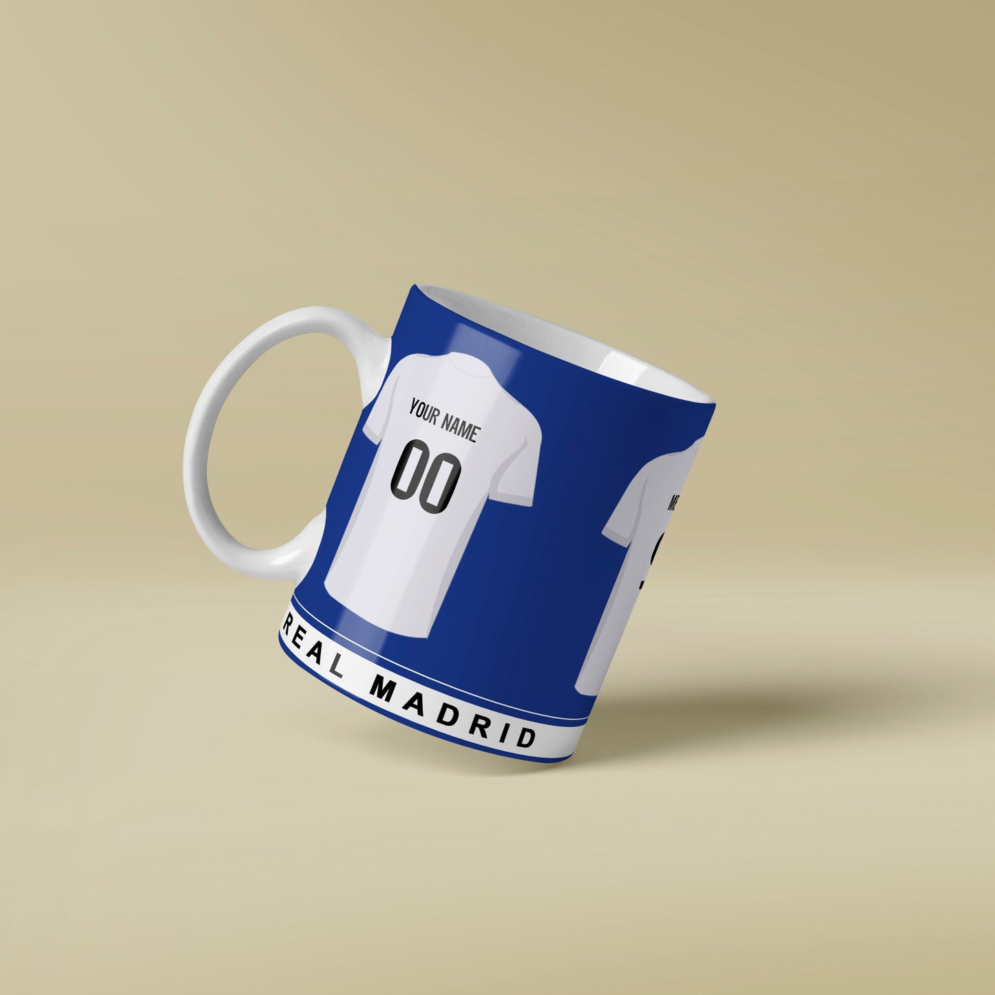 Mug designed like a Madrid soccer jersey on a beige background