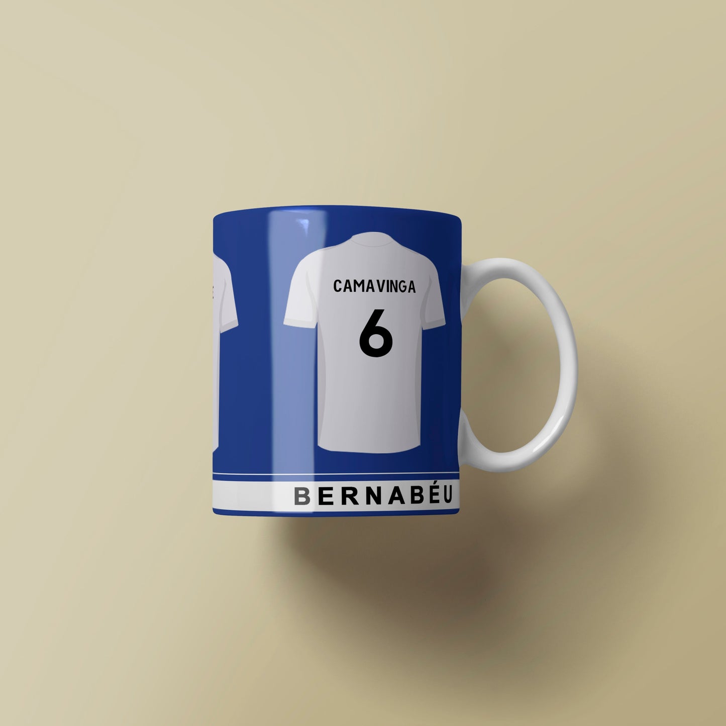 Mug with a design of a soccer jersey on a beige background