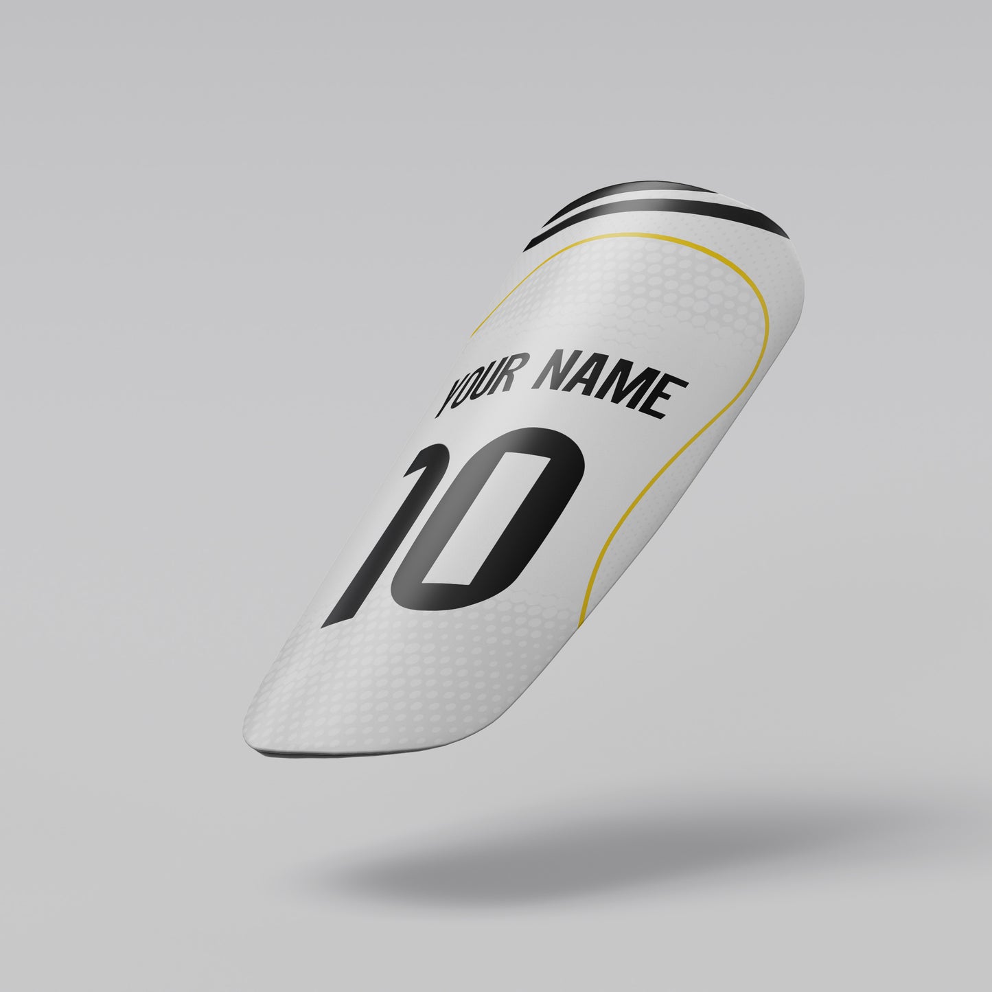 White sports sleeve with customizable text on a gray background