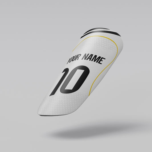 White sports sleeve with customizable text on a gray background