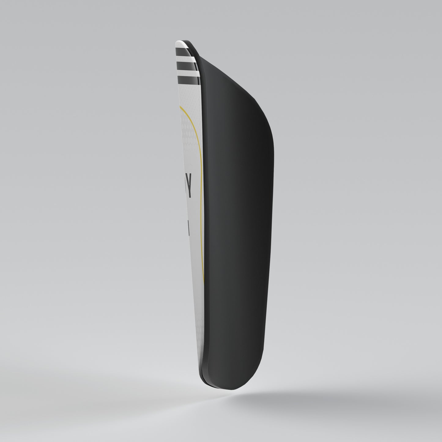 Black shin guard with Adidas logo on a gray background