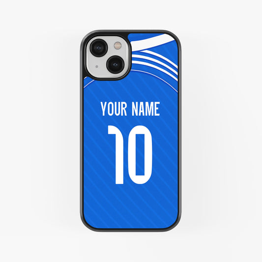 Phone case with blue design, number 10, and space for personalization on a white background