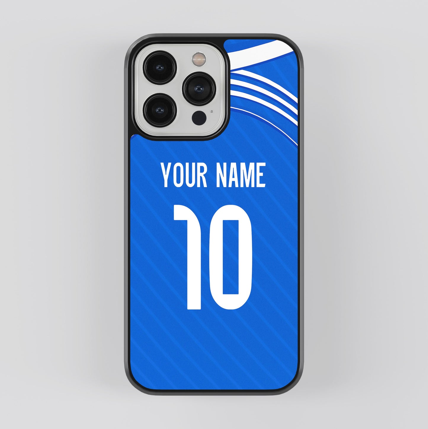 Blue phone case with customizable text on a gray background