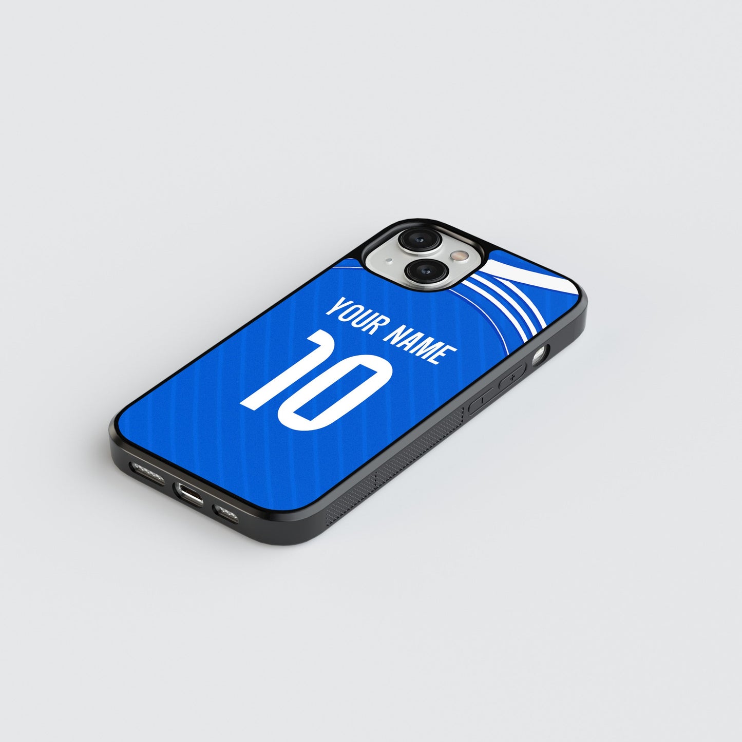 Phone case with customizable text on a gray background