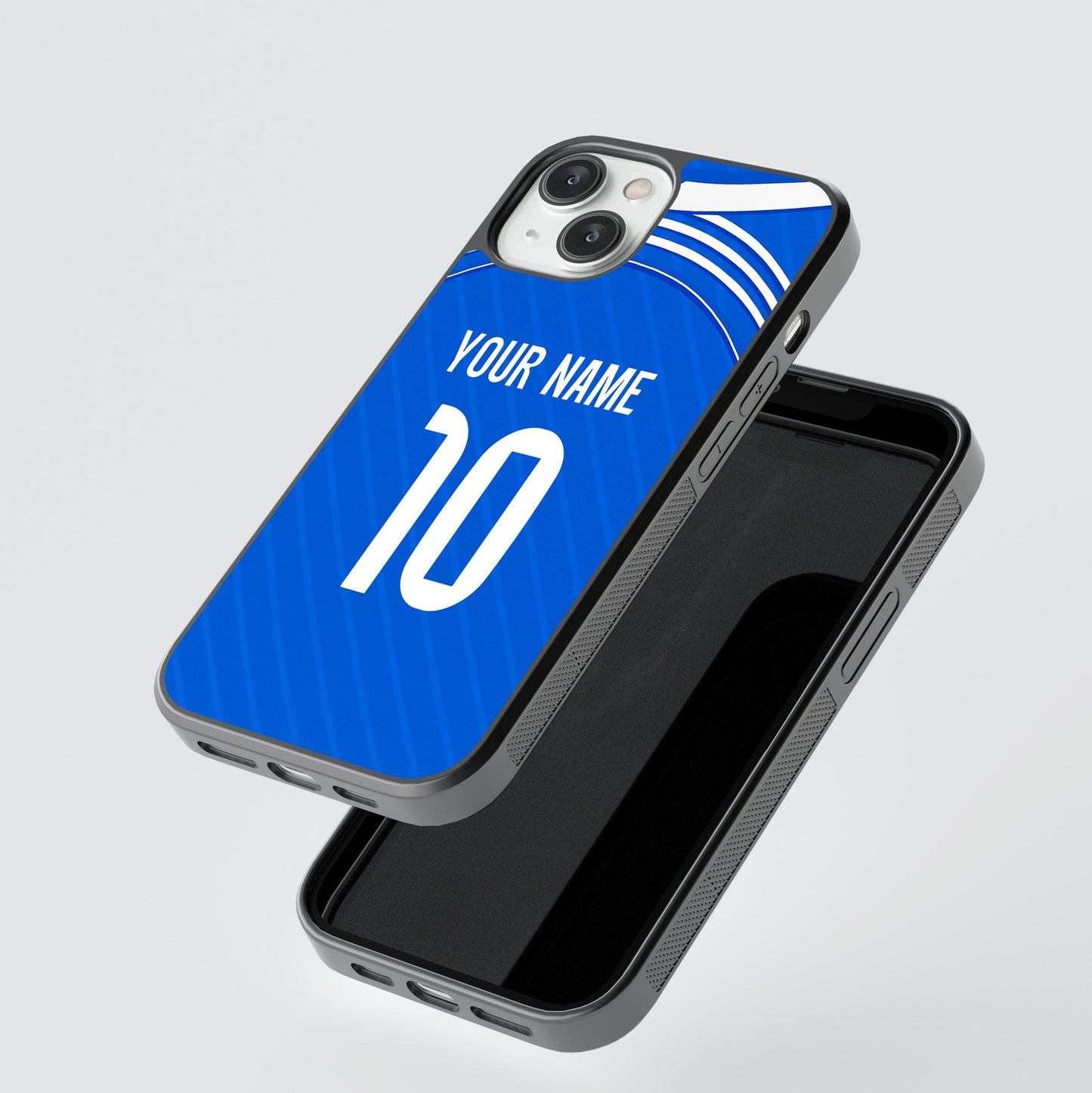 Phone case with customizable text on a gray background