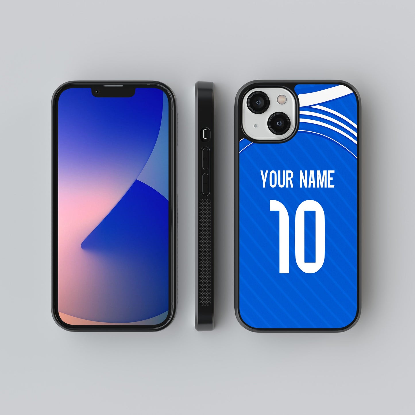 Phone case with customizable name and number on a gray background