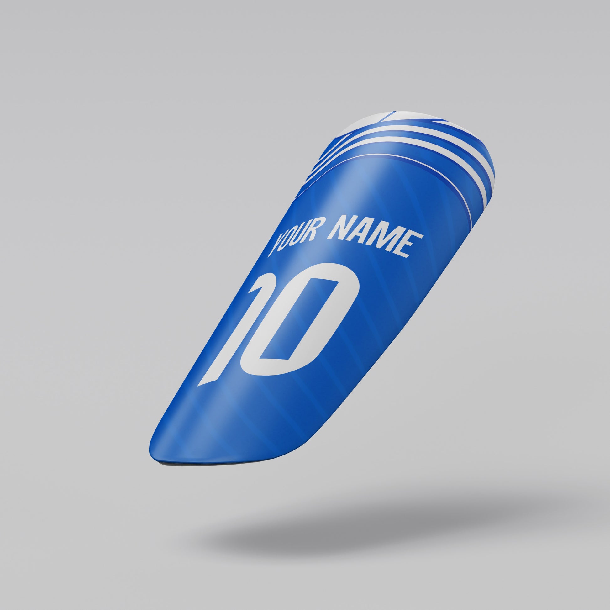 Blue shin guard with customizable text on a gray background
