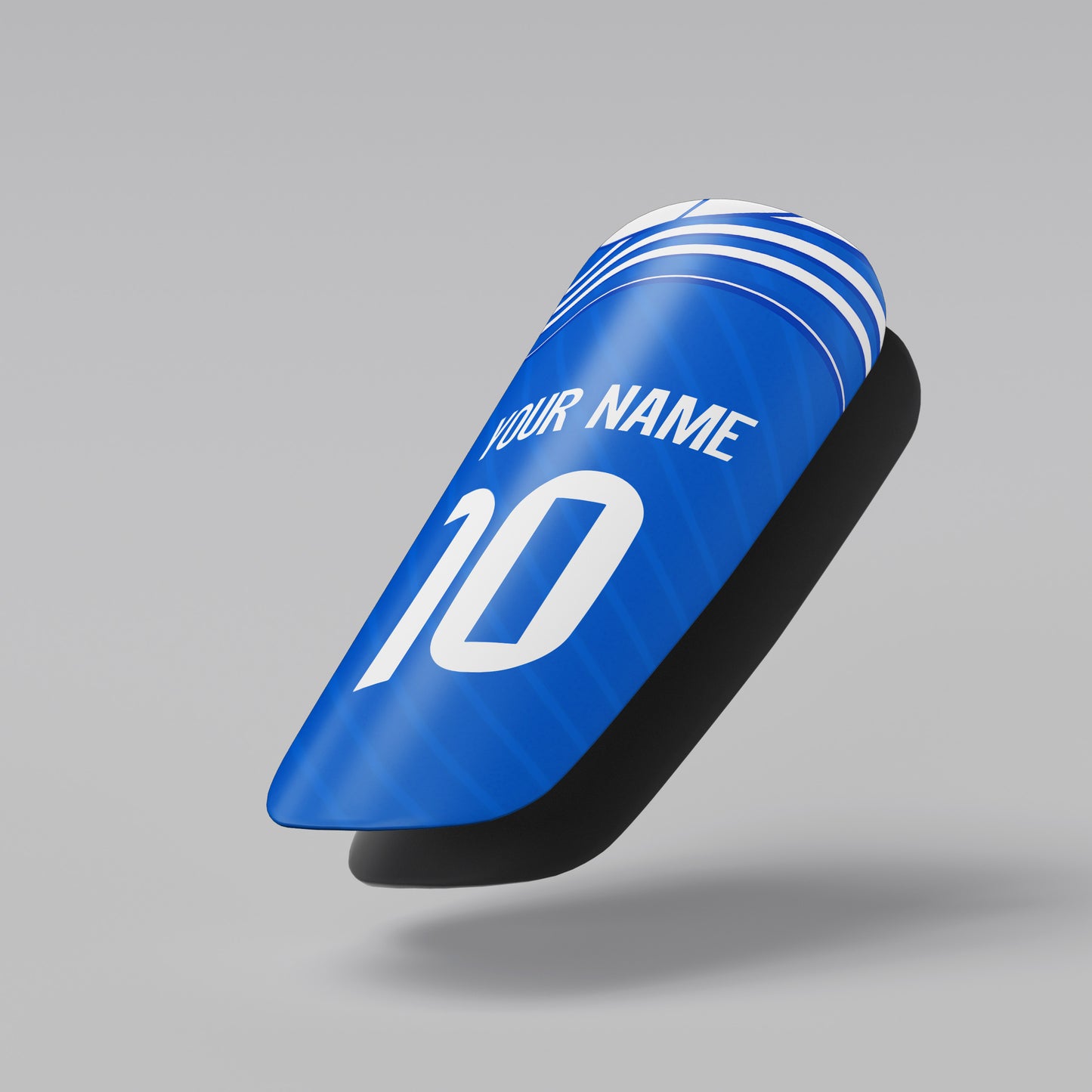 Blue shin guard with customizable text on a gray background