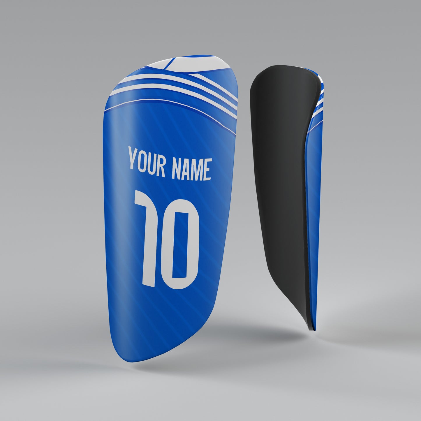 Blue shin guard with customizable text on a gray background