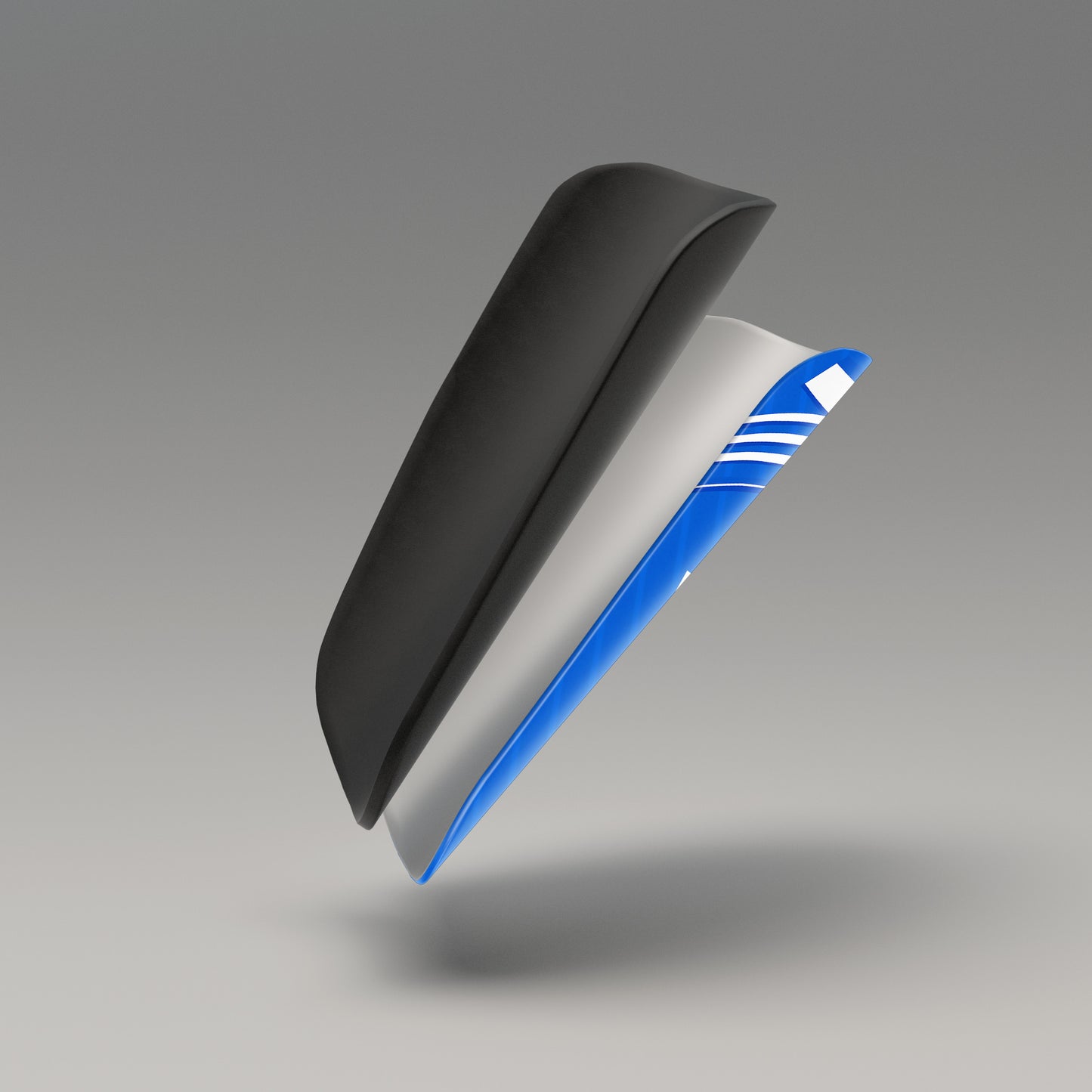 Car spoiler with black, gray, and blue design on a gradient background