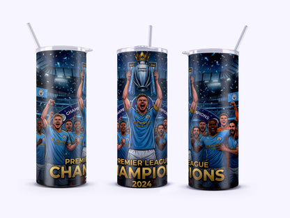 Three tumblers with soccer-themed designs celebrating Premier League Champions 2024 on a white background.