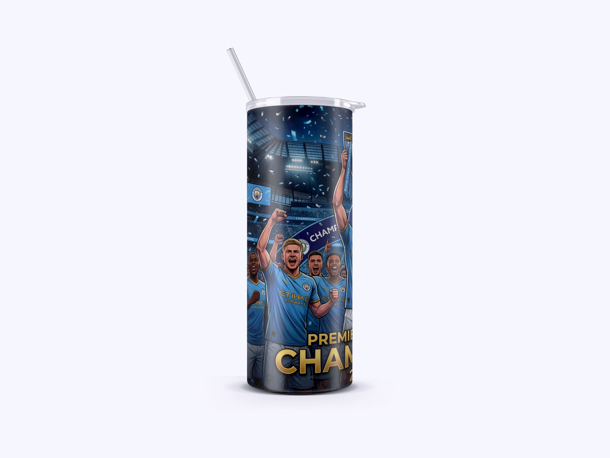 Tumbler with sports-themed design featuring players and 'Premier League' text on a white background