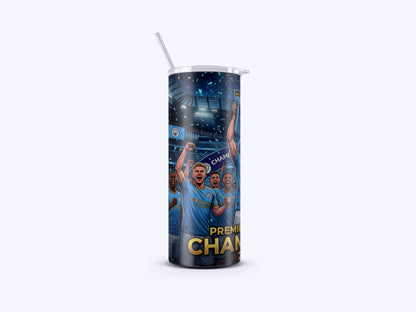 Tumbler with sports-themed design featuring players and 'Premier League' text on a white background