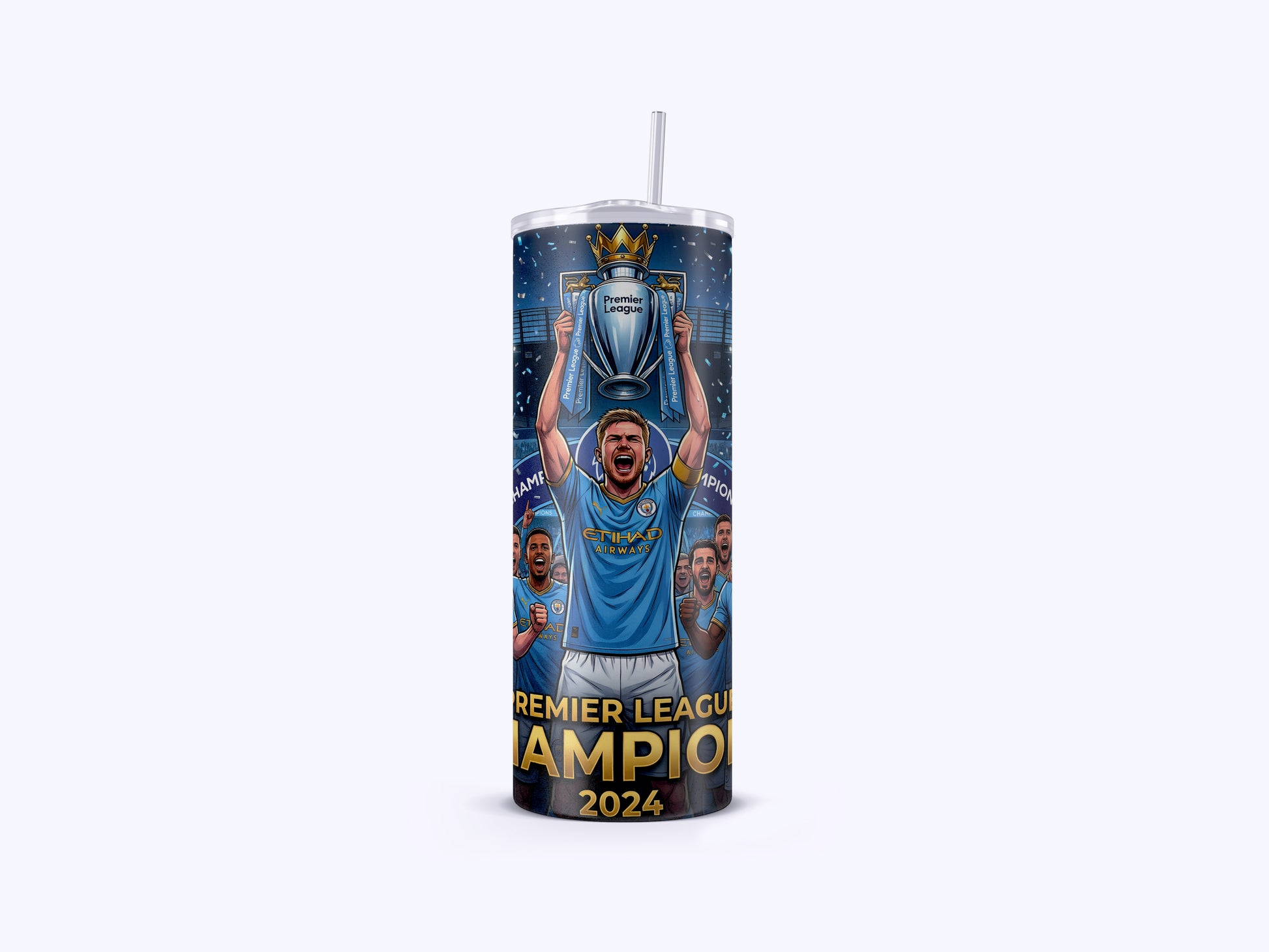Tumbler with a Premier League Champions design featuring a player holding a trophy on a white background