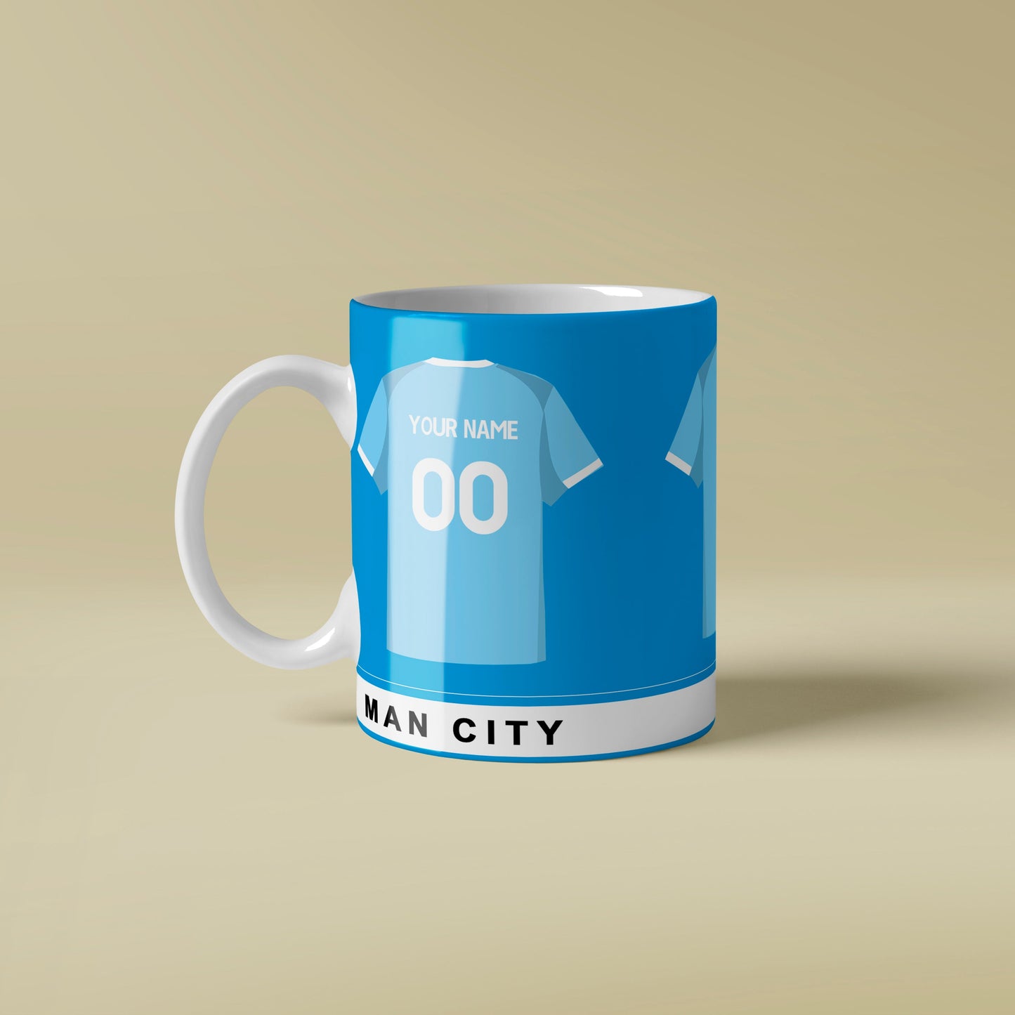 Mug with Man City football club design on a beige background
