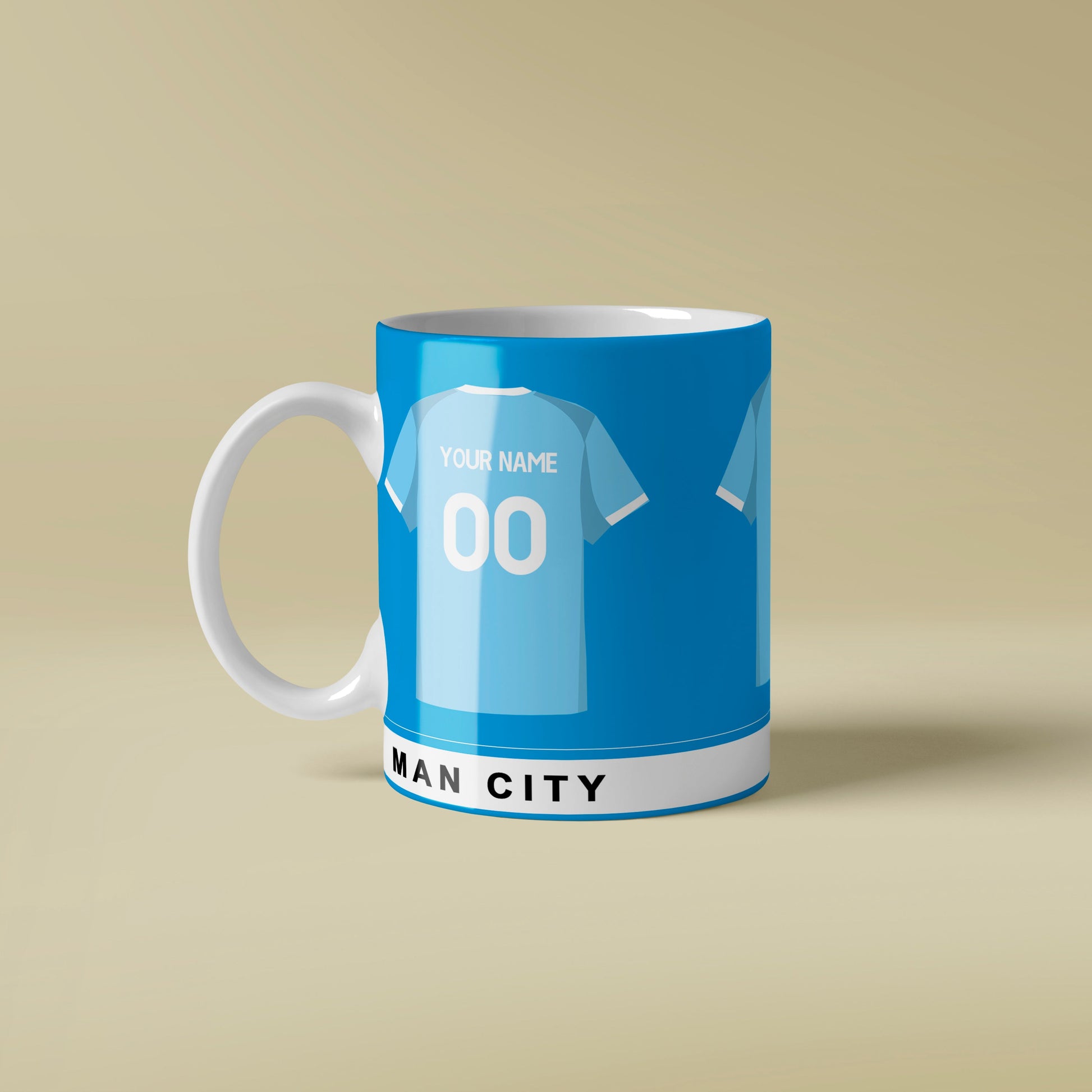 Mug with Man City football club design on a beige background