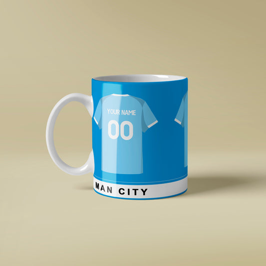 Mug with Man City football club design on a beige background