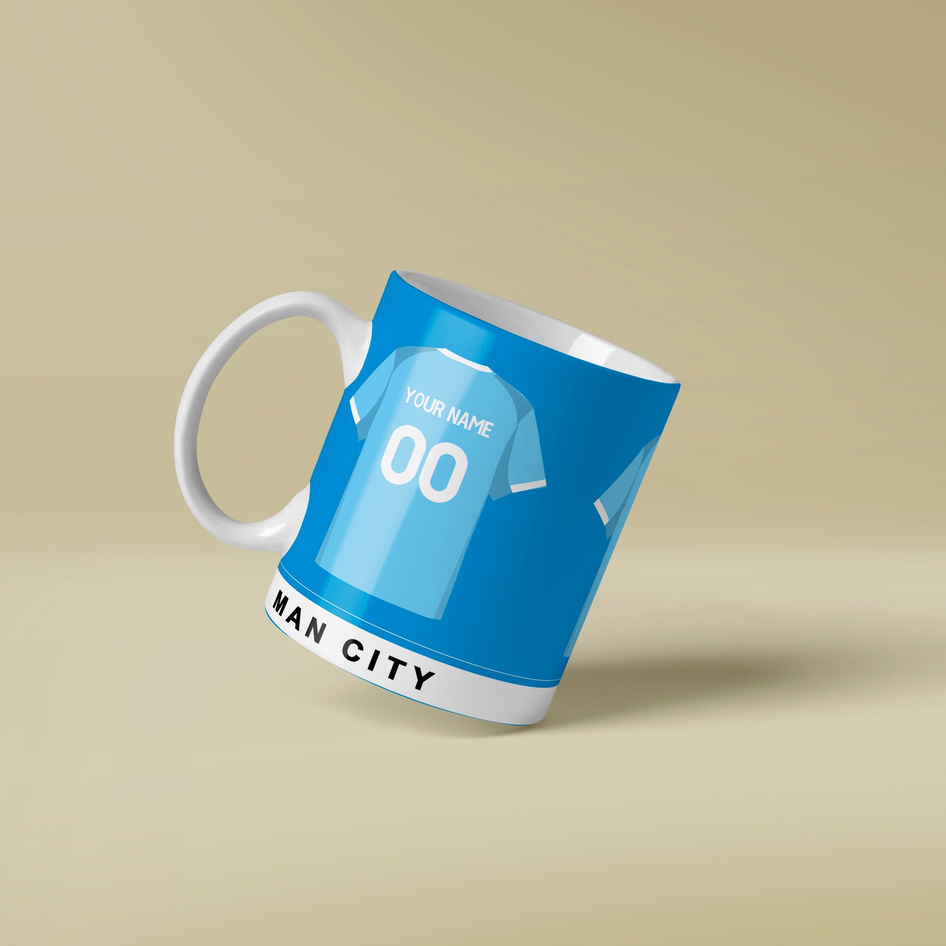 Blue mug with Man City design on a beige background