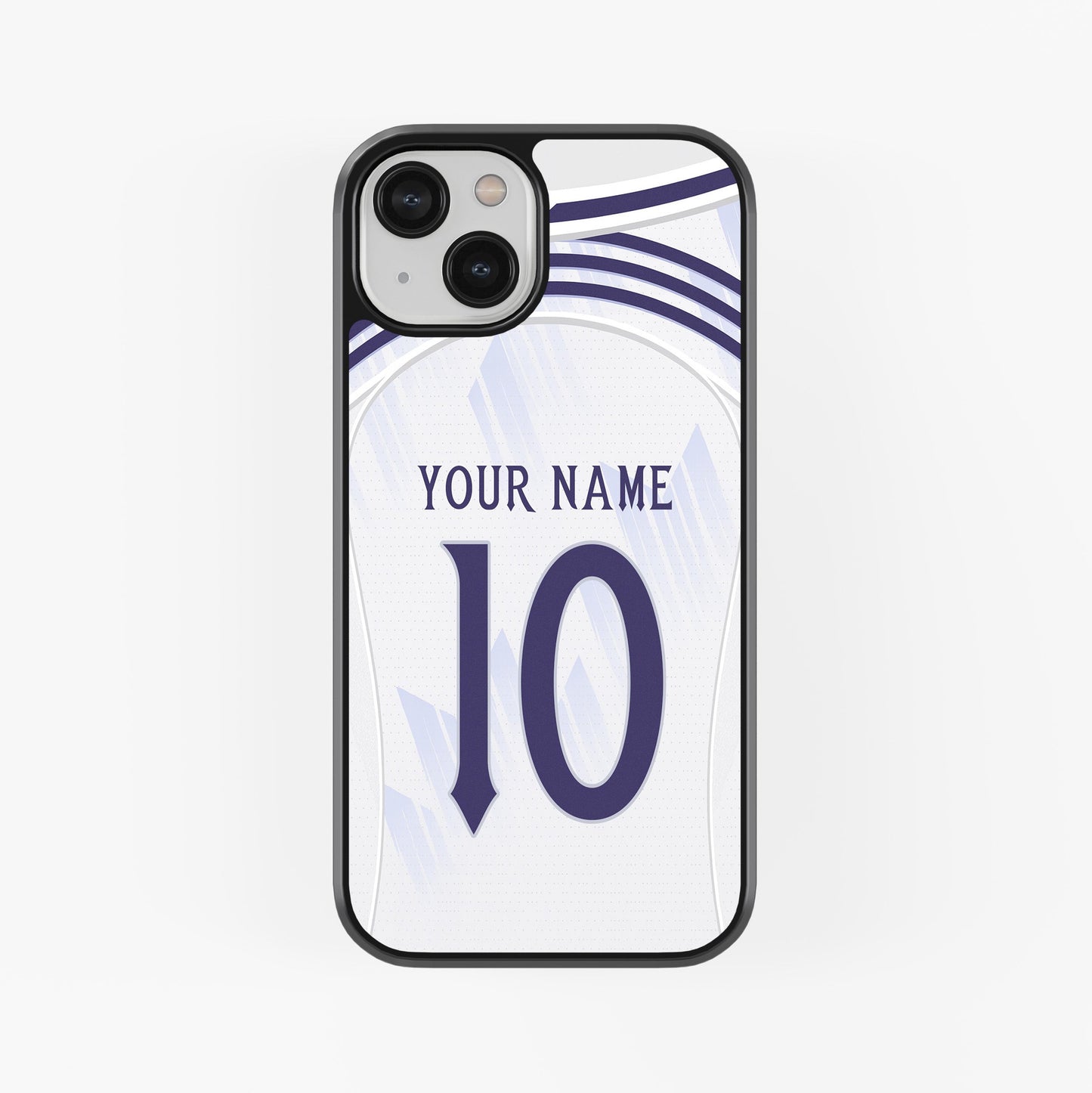 Phone case with customizable name and number on a white background